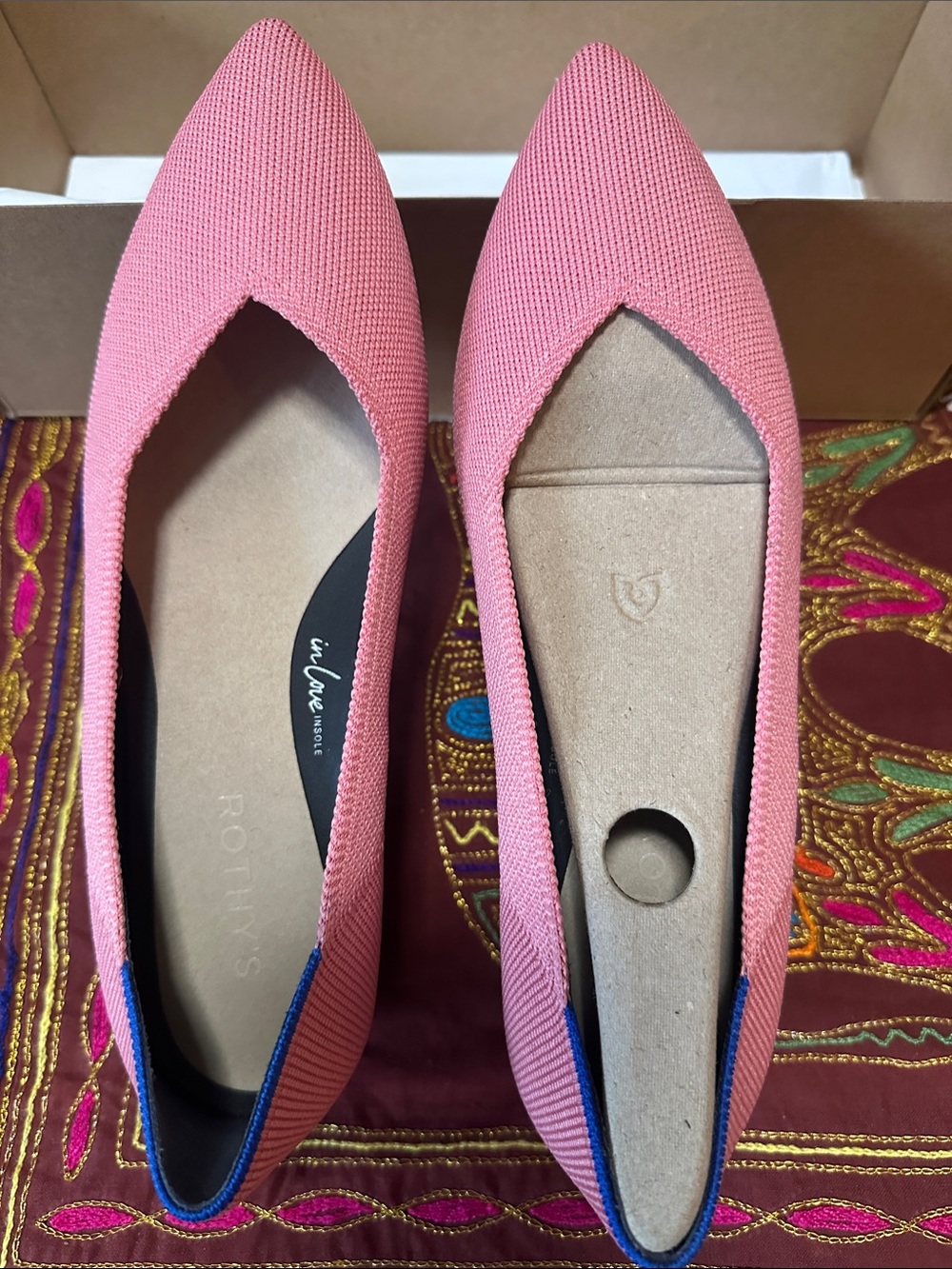Rothy's Tulip Coral Pink Pointed Knit heals with Blue Trim 🌷